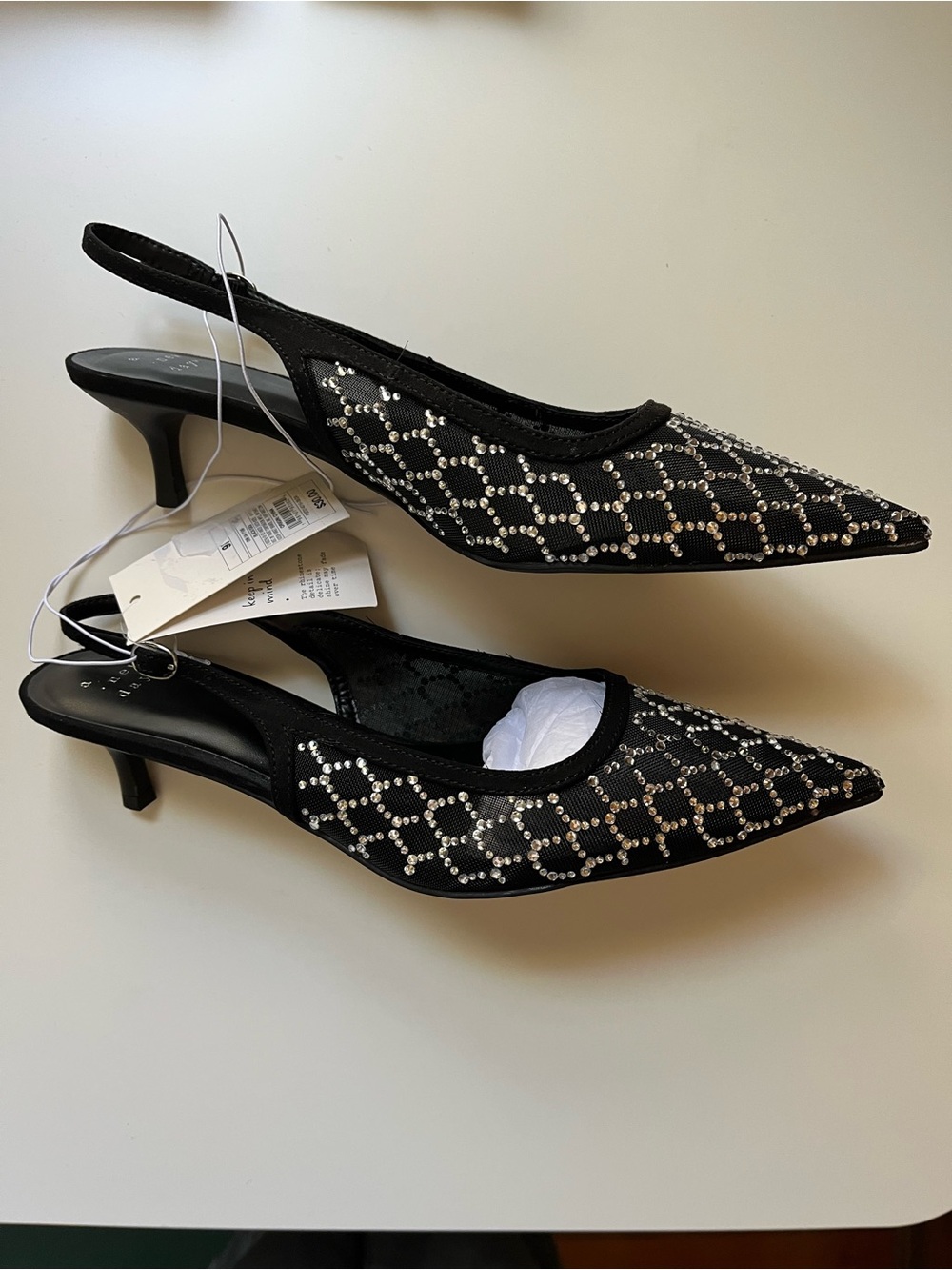 a new day Black Rhinestone-Embellished Pointed Slingback Kitten Heels